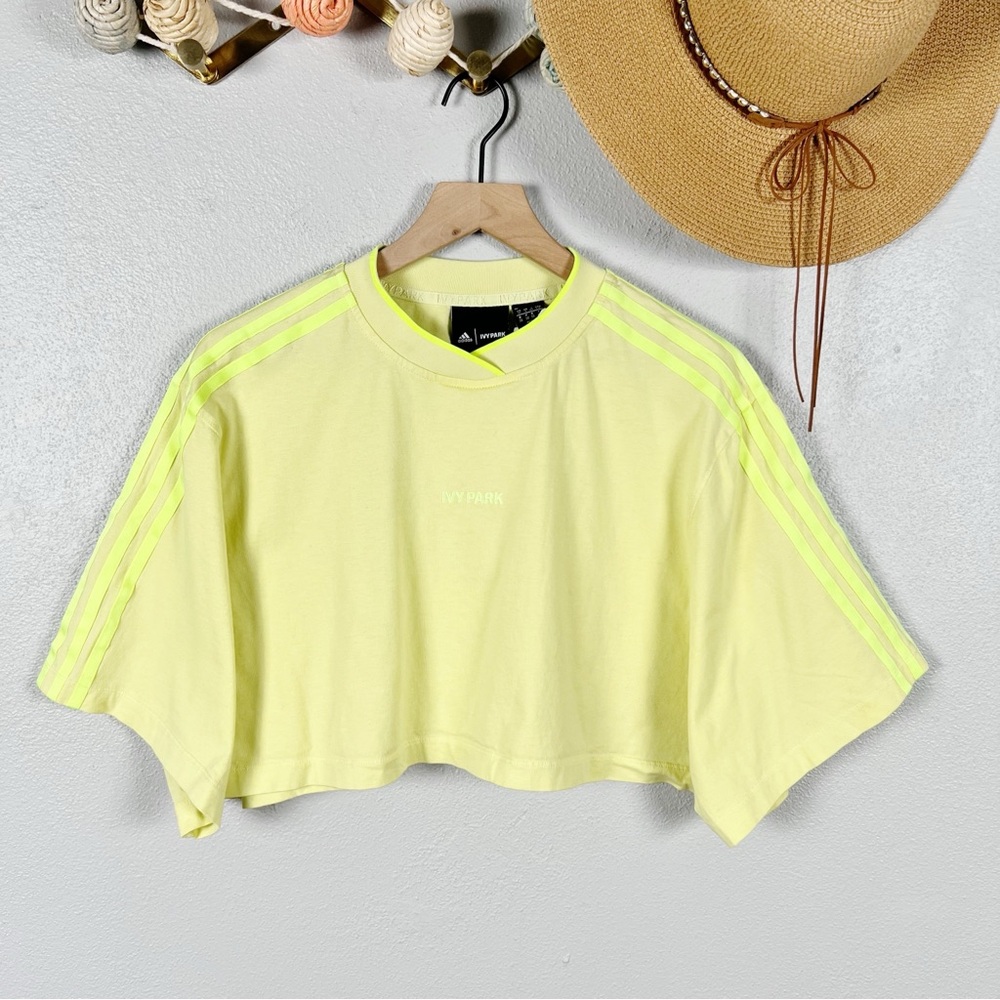 Adidas x Ivy Park 3-Stripes Crop Tee in Hi-Res Yellow Size Small - Picture 6 of 7